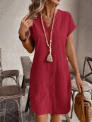 Vestido Mini Casual de Manga Corta con Botones Frontales