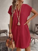 Vestido Mini Casual de Manga Corta con Botones Frontales