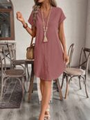 Vestido Mini Casual de Manga Corta con Botones Frontales