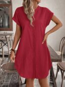Vestido Mini Casual de Manga Corta con Botones Frontales