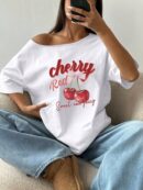 Remera Asimétrica Estampada de Hibiscus y Hombro Descubierto