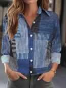 Camisa Retro Casual Manga Larga con Detalles de Botones y Estampado
