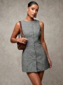 Vestido Corto Casual de Lana a Cuadros con Botones Frontales