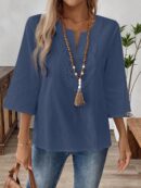 Blusa Casual de Manga Tres Cuartos en Color Sólido con Cuello V