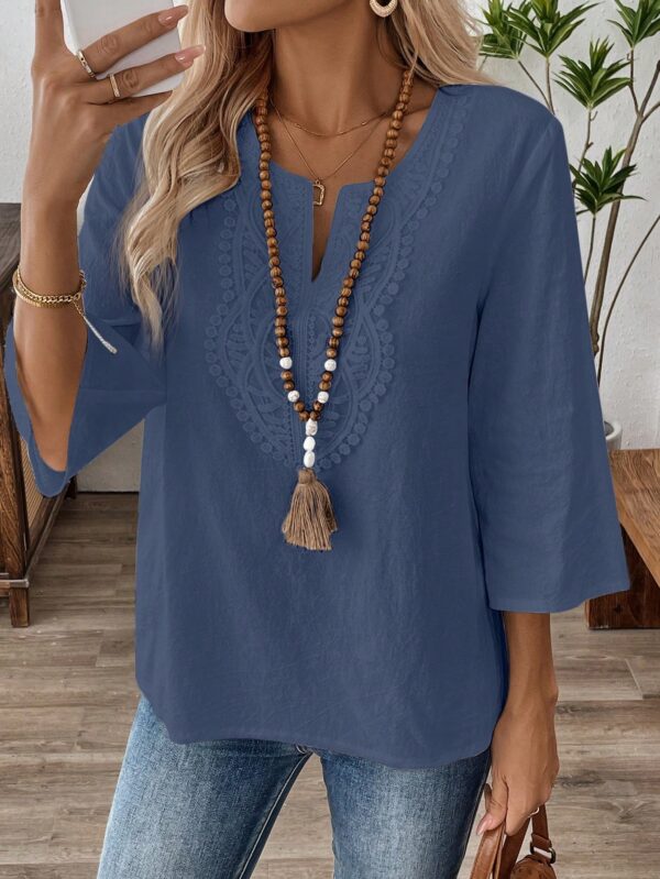 Blusa Casual de Manga Tres Cuartos en Color Sólido con Cuello V - Image 36