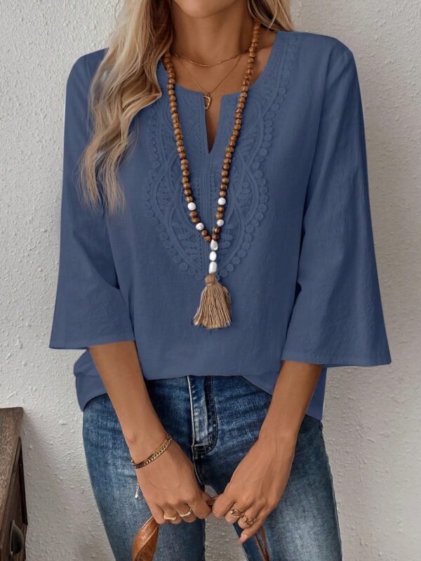 Blusa Casual de Manga Tres Cuartos en Color Sólido con Cuello V - Image 34