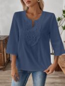 Blusa Casual de Manga Tres Cuartos en Color Sólido con Cuello V