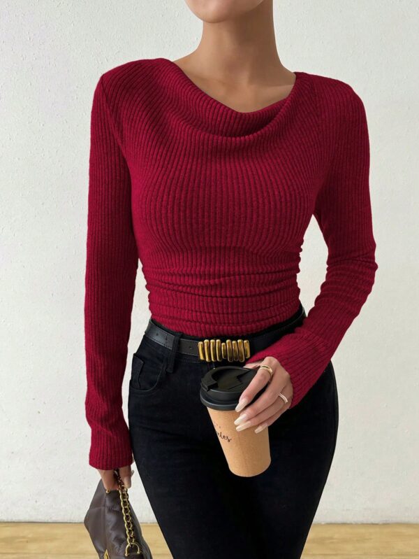 Camiseta Asimétrica Vintage con Cuello Drapeado y Manga Larga Ajustada - Image 51