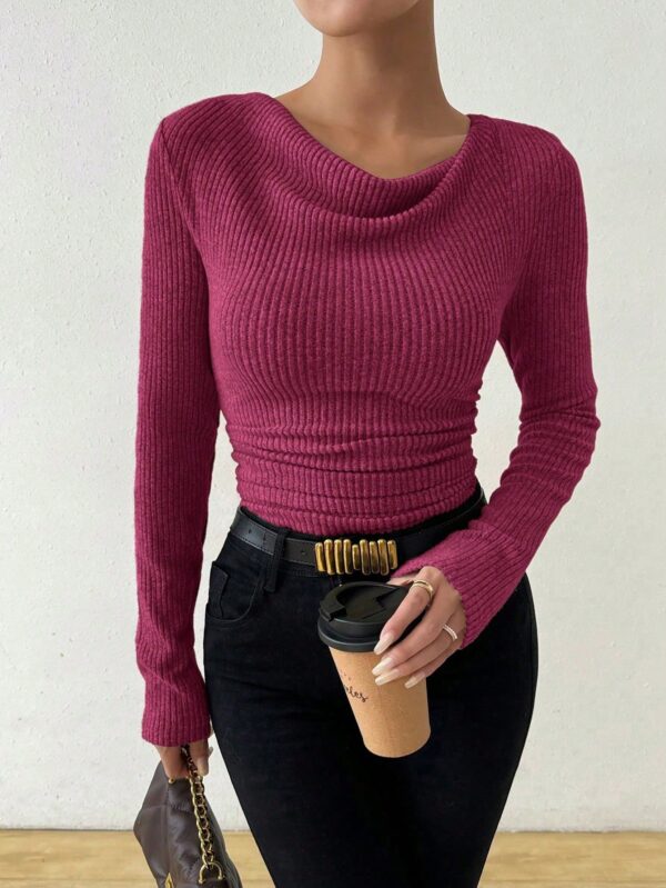 Camiseta Asimétrica Vintage con Cuello Drapeado y Manga Larga Ajustada - Image 80