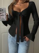 Top Casual de Manga Larga con Cuello de Estrás y Color Sólido
