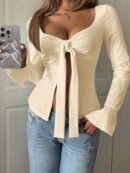 Top Casual de Manga Larga con Cuello de Estrás y Color Sólido