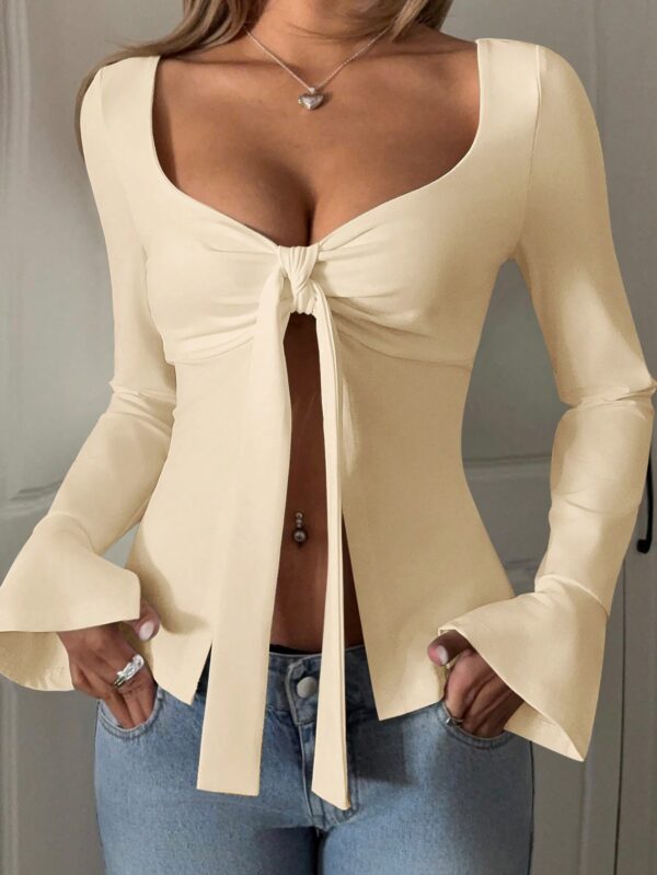 Top Casual de Manga Larga con Cuello de Estrás y Color Sólido - Image 32