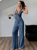 Set de Camisola Plisada y Pantalón Ancho de Textura Suave y Elegante