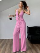 Set de Camisola Plisada y Pantalón Ancho de Textura Suave y Elegante