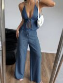 Set de Camisola Plisada y Pantalón Ancho de Textura Suave y Elegante