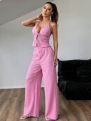 Set de Camisola Plisada y Pantalón Ancho de Textura Suave y Elegante