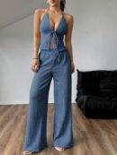 Set de Camisola Plisada y Pantalón Ancho de Textura Suave y Elegante