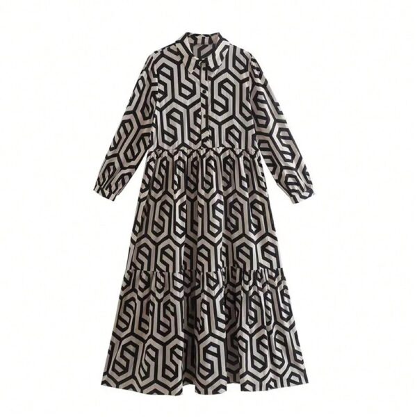 Vestido Camisero con Estampado Geométrico y Manga Larga - Image 9