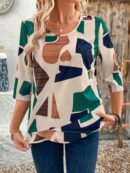 Camisa Casual Manga Larga con Estampado Floral y Cuello Redondo