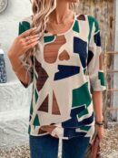 Camisa Casual Manga Larga con Estampado Floral y Cuello Redondo