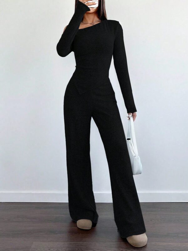 Conjunto Casual de Invierno Asimétrico 2 Piezas: Camiseta y Pantalón Ancho - Image 4
