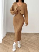 Conjunto Otoñal de Chaqueta y Vestido Midi Ajustado de Punto