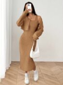 Conjunto Otoñal de Chaqueta y Vestido Midi Ajustado de Punto