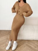 Conjunto Otoñal de Chaqueta y Vestido Midi Ajustado de Punto