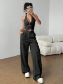 Set de 2 Piezas: Top Halter con Lazada y Pantalón Recto Casual