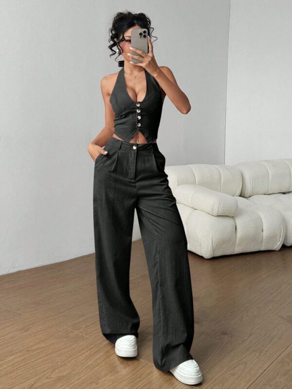 Set de 2 Piezas: Top Halter con Lazada y Pantalón Recto Casual