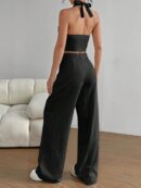 Set de 2 Piezas: Top Halter con Lazada y Pantalón Recto Casual
