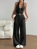 Set de 2 Piezas: Top Halter con Lazada y Pantalón Recto Casual