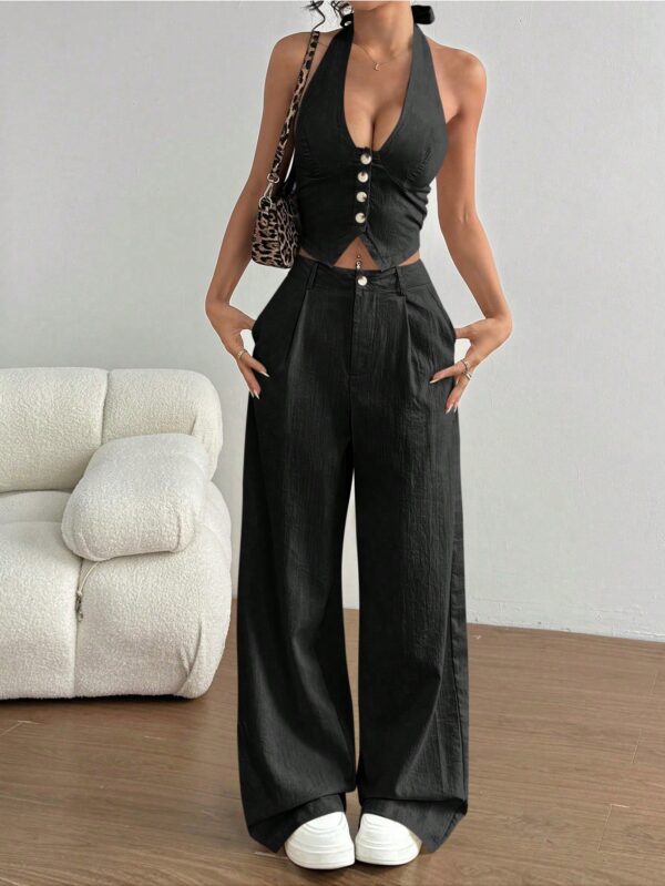 Set de 2 Piezas: Top Halter con Lazada y Pantalón Recto Casual - Image 3