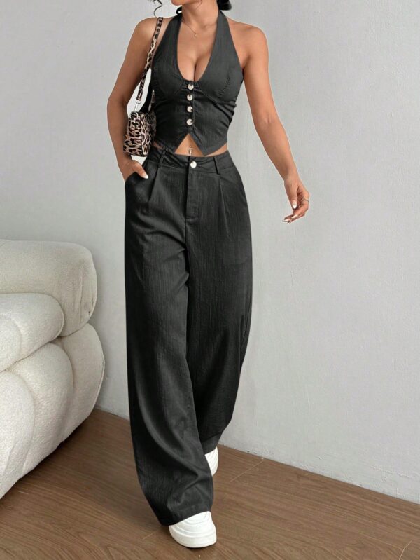 Set de 2 Piezas: Top Halter con Lazada y Pantalón Recto Casual - Image 4