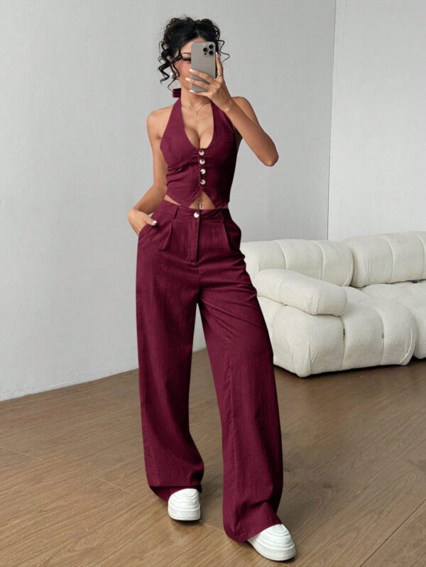 Set de 2 Piezas: Top Halter con Lazada y Pantalón Recto Casual - Image 15