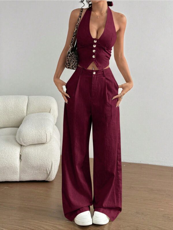 Set de 2 Piezas: Top Halter con Lazada y Pantalón Recto Casual - Image 18