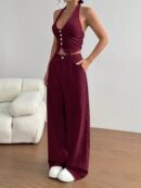 Set de 2 Piezas: Top Halter con Lazada y Pantalón Recto Casual
