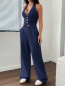 Set de 2 Piezas Boho: Chaleco con Lazo al Cuello y Pantalón Recto