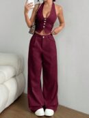 Set de 2 Piezas: Top Halter con Lazada y Pantalón Recto Casual