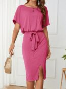 Vestido Casual con Cinturón y Falda Dividida de Manga Murciélago