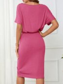 Vestido Casual con Cinturón y Falda Dividida de Manga Murciélago