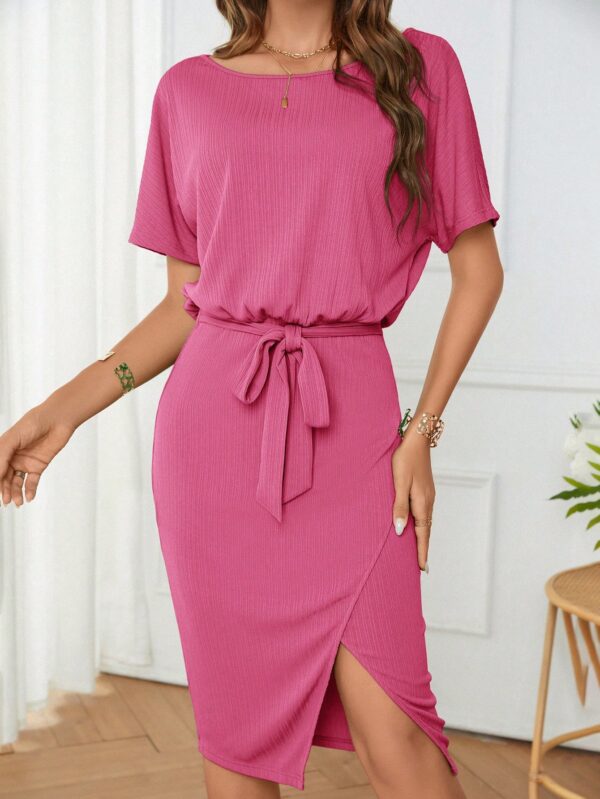 Vestido Casual con Cinturón y Falda Dividida de Manga Murciélago - Image 27