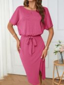 Vestido Casual con Cinturón y Falda Dividida de Manga Murciélago