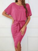 Vestido Casual con Cinturón y Falda Dividida de Manga Murciélago