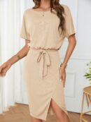 Vestido Casual con Cinturón y Falda Dividida de Manga Murciélago