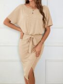 Vestido Casual con Cinturón y Falda Dividida de Manga Murciélago