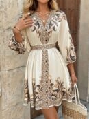 Vestido Casual Estampado con Cintura Alta y Manga Linterna