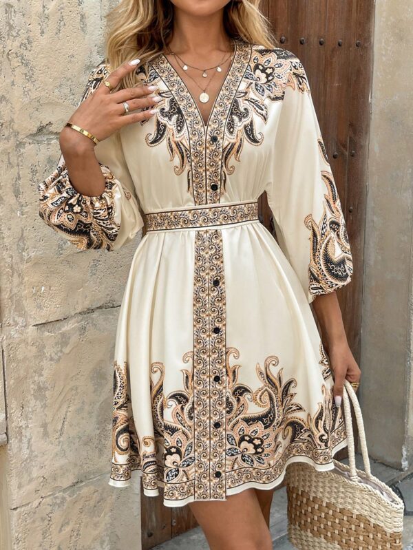 Vestido Casual Estampado con Cintura Alta y Manga Linterna - Image 13
