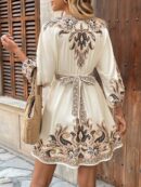 Vestido Casual Estampado con Cintura Alta y Manga Linterna