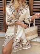 Vestido Casual Estampado con Cintura Alta y Manga Linterna